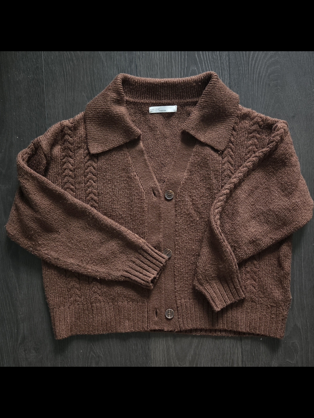 OAK + FORT Chocolate Brown Collared Cable-Knit Button Cardigan
